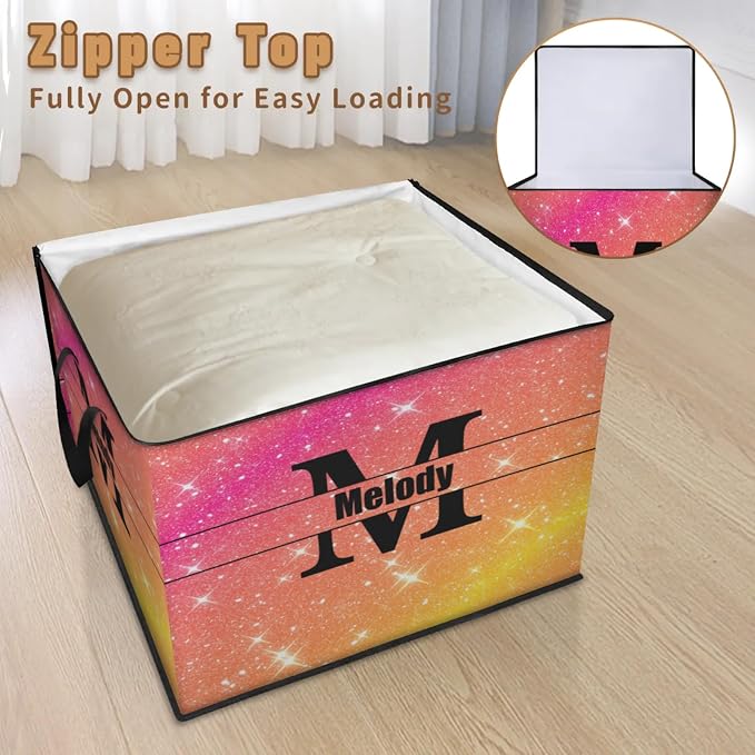 Custom Storage Baskets Cubes for Home with Name, Initial letter Large Foldable Organizer Storage Bins for Home Blanket Comforters Clothes Closet Nursery, Pink Yellow Orange Bling Shiny Stars