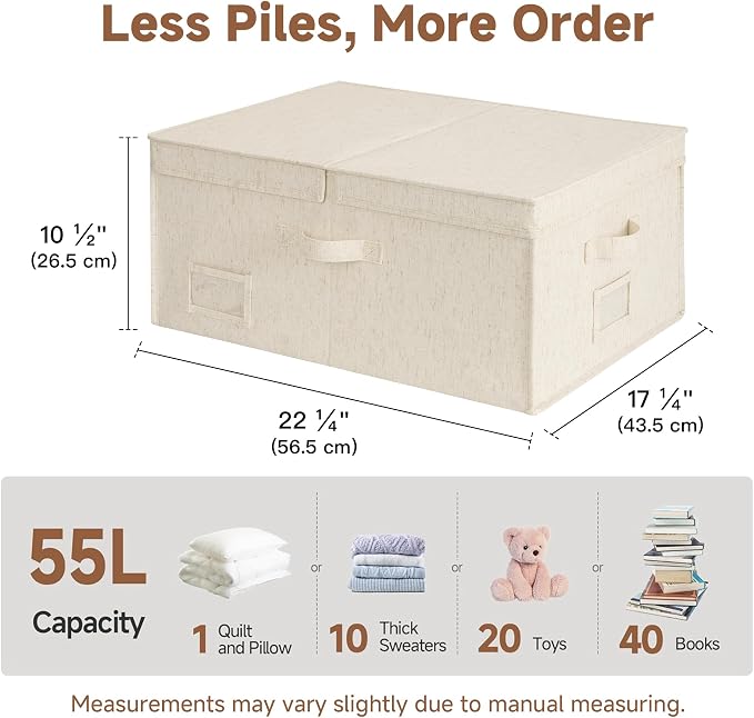 StorageWorks 55L Extra Large Fabric Storage Bins with Lid, Foldable Closet Organizer Boxes with Label and Handles, Decorative Storage Baskets for Clothing and Blankets, Natural Weave, 2-Pack