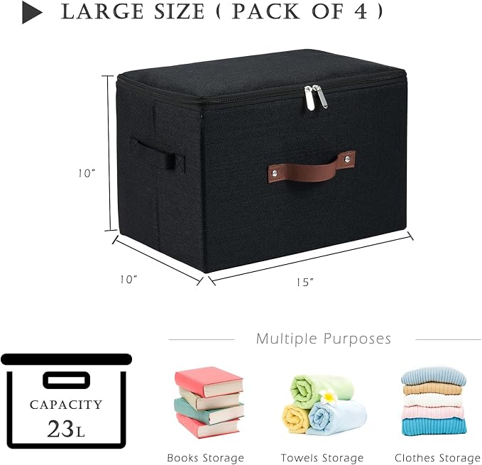 4PCS Storage Bins with Zipper Lids Decorative Lidded Basket Box | Clothes Container, Closet Shelf Organizer, Foldable Washable, Cotton Linen Fabric, w/ PU Leather Handles, Black, Large