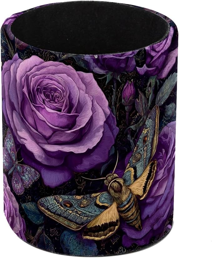 Faux Leather Pen Holder for Desk, Pencil Organizer Purple Flowers Pen Cup Desk Decor Makeup Brush Holder Storage for Office Home