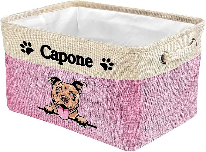Custom Storage Basket with Lovely Dog Pit Bull Collapsible Sturdy Fabric Pet Toys Fabric Dog Toy Storage Bin Cube with Handles for Organizing, Pink and White