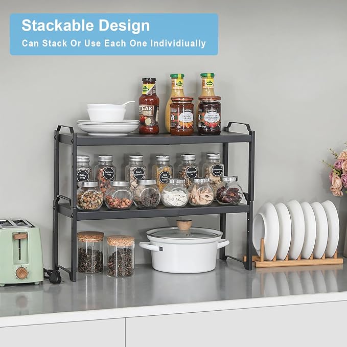 X-cosrack 25.5 Inches 2 Pack Expandable Cabinet Shelves, Stackable Shelf Organizer for Kitchen Cabinet Countertop Storage, Adjustable Counter Cupboard Pantry Organizer Shelf Rack Stand Riser, Black