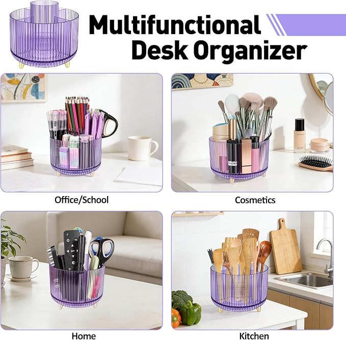 360 Rotating Pen Pencil Holder for Desk, Pen Organizer with 5 Slots | Makeup Brush Holder, Desk Organizer and Accessories, Cute Pencil Cup Caddy for Office School Home Decor Art Supply (Purple)