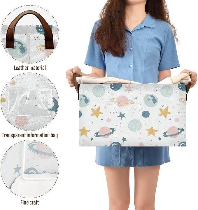 Cute Celestial Stars and Planet Baby Storage Basket with Labels&Handles Rectangular Waterproof Nursery Storage Bins Collapsible Shelf Organizer Baskets for Kids Books Cloth Gift Toys Laundry