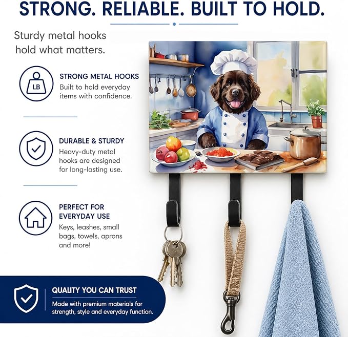 Caroline's Treasures Newfoundland The Chef Leash or Key Holder Wall Hooks, Key Hooks Holder, Coat Rack Wall Mount, Coat Hooks, Hooks for Hanging Keys, Towels, Aprons, Leashes | Newfoundland The Chef artwork on ceramic tile with three steel hooks for ke...