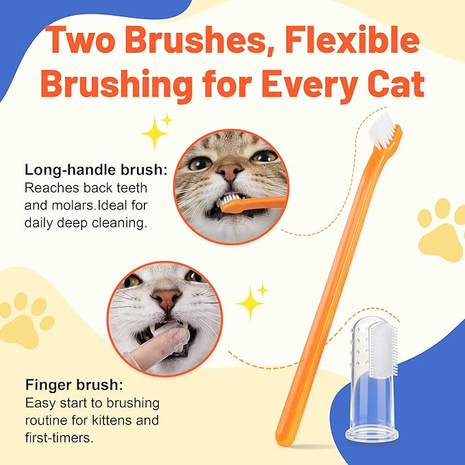 Cat Toothbrush and Toothpaste Kit - Salmon Flavor Enzymatic Cat Toothpaste for Plaque & Tartar Control - Includes a Long Handle Brush & a Soft Silicone Finger Brush for Felines, 1.06 oz