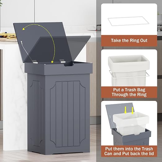 Function Home Trash Can Cabinet, 13 Gallon Kitchen Garbage Can, Wood Recycling Trash Bin, Freestanding Dog Proof Trash Can, Farmhouse Trash Cabinet with Lid for Home Kitchen Bathroom, Grey