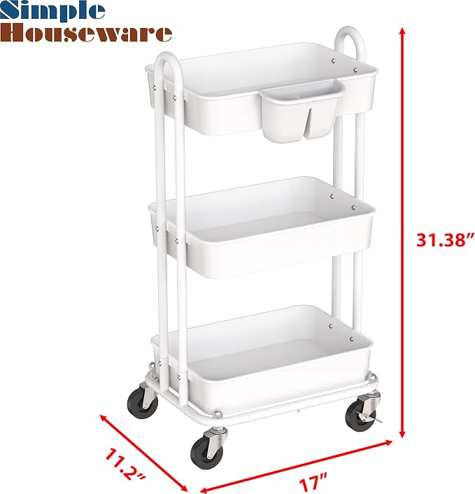 Simple Houseware 3-Tier Rolling Utility Cart with Hanging Bucket, White | Storage for Bathroom, Kitchen, Office, Study Room, Nursery Diaper