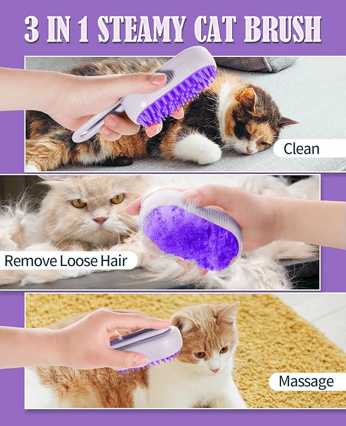 Cat Steam Brush for Shedding - 3 in 1 Pet Steam Brush for Dogs and Cats - Adjustable Dog Steamy Brushes for Grooming and Massage, Removing Tangled and Loose Hair (Purple)