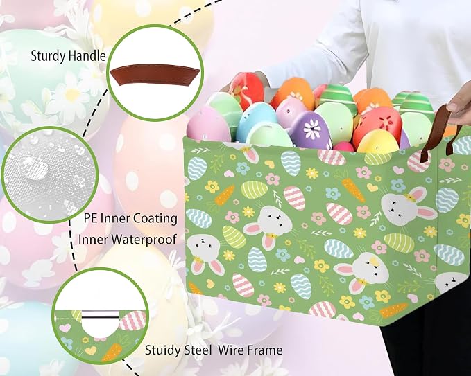 Large Rectangular Easter Baskets Empty Waterproof Boy Toy Box Foldable Kid's Gifts Storage Bin Spring Room Decor(Flower Carrot Rabbit Egg)