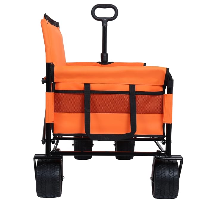 3-in-1 Pet Wagon Stroller with Bench Seat & Storage – Portable Travel Carrier for Dogs & Cats, 500Lbs Heavy-Duty Foldable Cart with All-Terrain Wheels for Camping, Park & Outdoor Use (Orange)