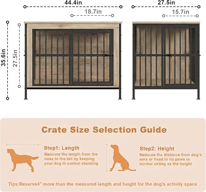 45" Dog Crate Furniture, Decorative Dog Kennels for Large Dogs, Natural | Thick wood, heavy-duty steel, 2-door escape-proof locks, waterproof scratch-resistant, extra-large, stylish, easy assembly