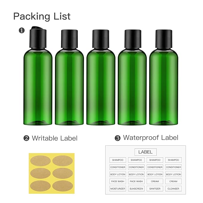 Travel Bottles for Toiletries, 3.4 oz Travel Size Containers, 5pcs, Green | Squeezable empty plastic bottles, TSA approved, leak proof, with labels, for liquids & shampoo lotion, gym essentials