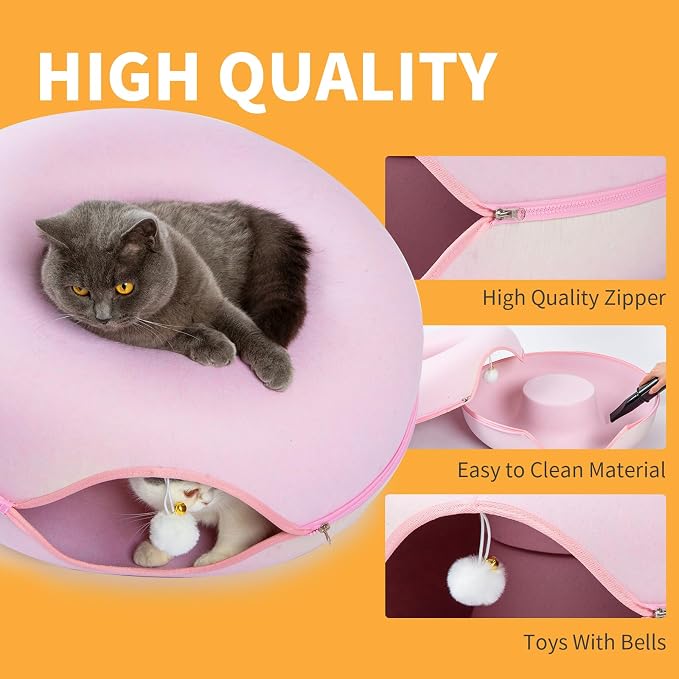 Peekaboo Cat Tunnel for Large Cats up to 30 lbs, Features A Jingle Ball, Removable and Washable Tunnel Bed, and a Cozy Donut Tunnel (Pink, 24 Inches)