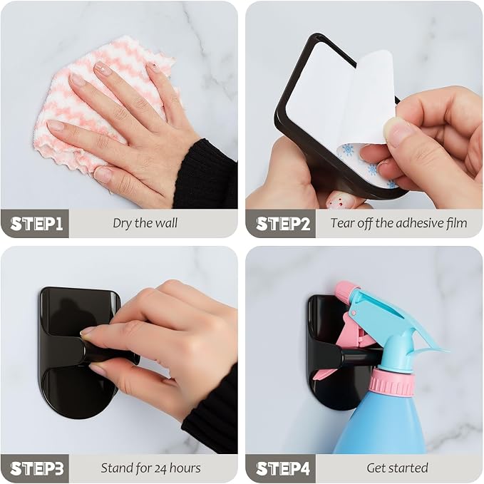 8 Pcs Wall Mount Spray Bottle Hooks Holder Spray Bottle Hanger Adhesive Hook to Create Storage Space Rack Organizer Hanger for Cabinet Kitchen Variety Surfaces (Black)