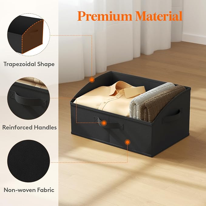 Lifewit Trapezoid Closet Storage Bin for Shelf, 6 Packs 19L, Black | Non-woven Closet Organizer Baskets with Handles, Foldable Clothes Containers Boxes for Clothing, Book, Purse, Large