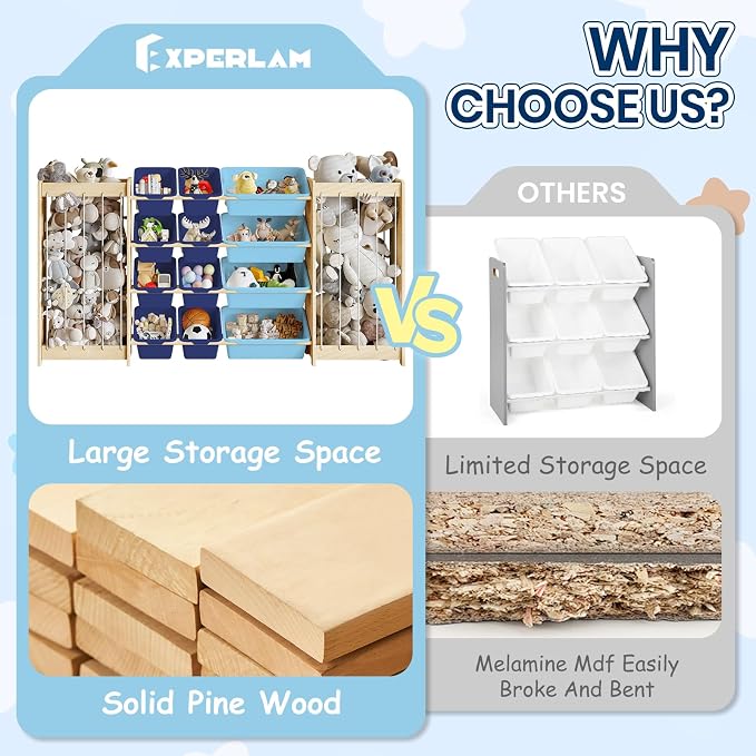 EXPERLAM Large Toy Storage Organizer, Wooden Stuffed Animal Storage & 12-Bins Toy Organizer, Double-Sided Plush Toy Holder Featuring Thicker Ropes, Space Save Bedroom Nursery Playroom Storage, Blue