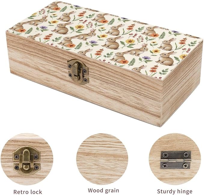 Wooden Keepsake Memory Box with Lid, Gift Organizer Case, Cute Rabbit | Bunnypattern Decorative Jewelry Storage Container, Birthday Party Favor Decor, 9.2x5.5x3.9 Inch