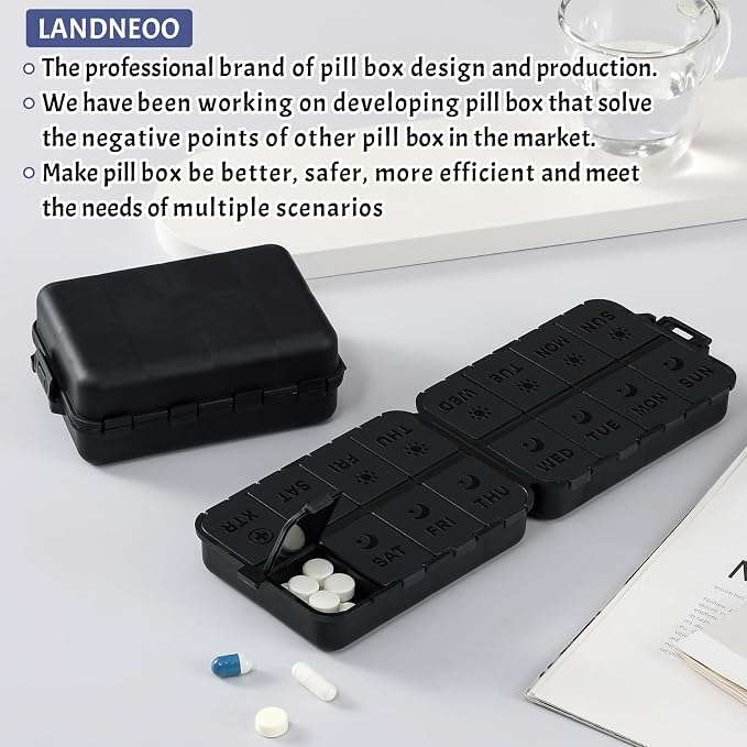 Foldable & Portable Pill Organizer 2 Times A Day with Extra Compartments - Etched Labels - Weekly 7 Day AM PM Medicine Box, Week Daily Travel Pill Case Holder Dispenser for Vitamin, Supplement - Black