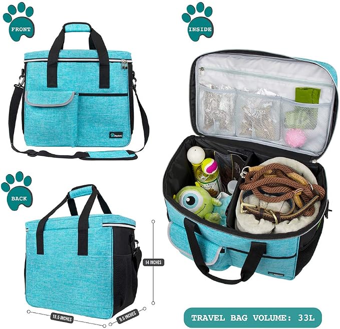 PetAmi Dog Travel Bag Organizer, Pet Supplies Diaper Tote, Teal Blue Large | Pet Travel Kit with 2 Food Containers & 2 Collapsible Dog Bowls, Luggage Sleeve, Weekend Getaway Road Trip Camping Essentials