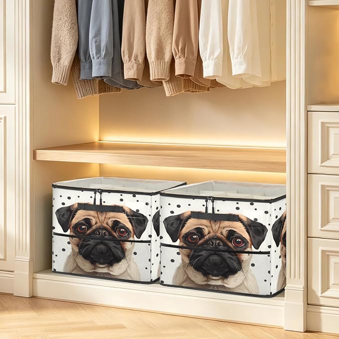TropicalLife Polka Dots Pug Dog Shoe Organizer for Closet | Foldable Shoe Storage Box Bin 16-32 Pair Shoe Storage for Sneakers, Boots & Heels with Adjustable Dividers, Clear Cover