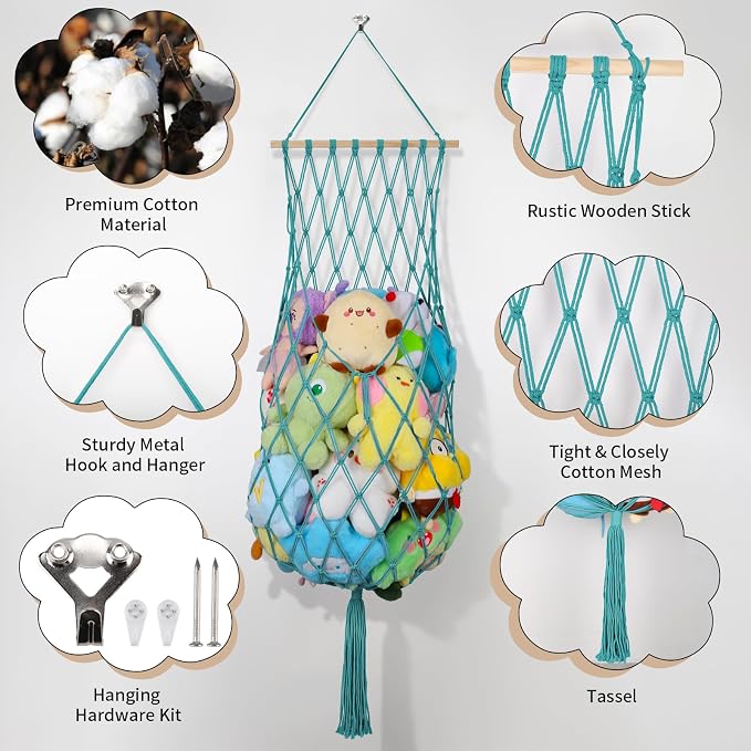 68 Inch Stuffed Animal Storage Hammock Corner Plushie Net,Aqua | Boho Macrame Large Toy Hammock for Stuffed Animals Organizer,Wall Ceiling Over Door Stuffy Storage Holder,Nursery Room Decor