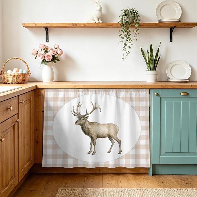 Majestic Buck Oven Skirt Curtain for Kitchen Decor 28"x35", Modern Natural Buck Rustic Farmhouse Plaid Self Adhesive Stove Curtains Skirt Cabinet Curtains for Bathroom Laundry Room