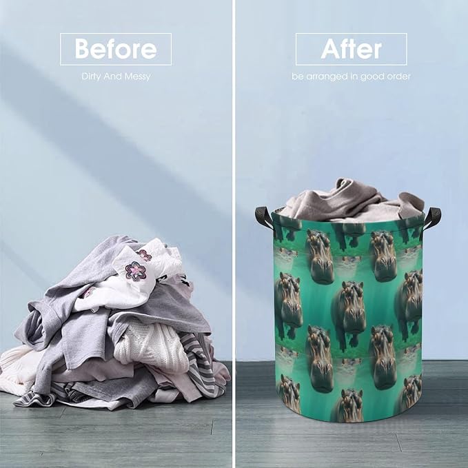 Foldable Laundry Basket with Handles Diving Hippo, Waterproof Storage Hamper for Clothes, Toys, and Towels in Bedroom and Bathroom