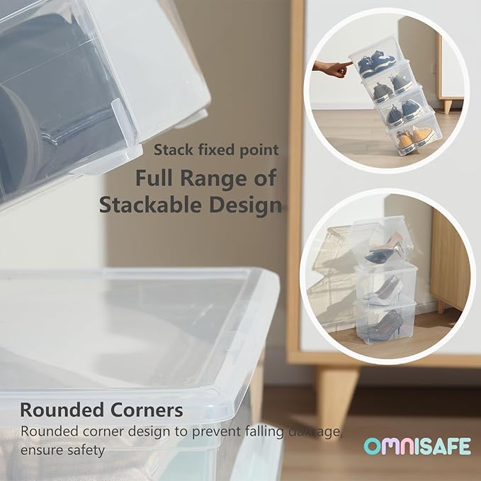 Stackable Plastic Storage Shoebox, BPA-Free Nestable Container with Latching Lid to Organize Shoes, See-Through Box for Home and Office, Multi-Purpose Storage Case, Clear Bins (6 Pack 6 Quart)