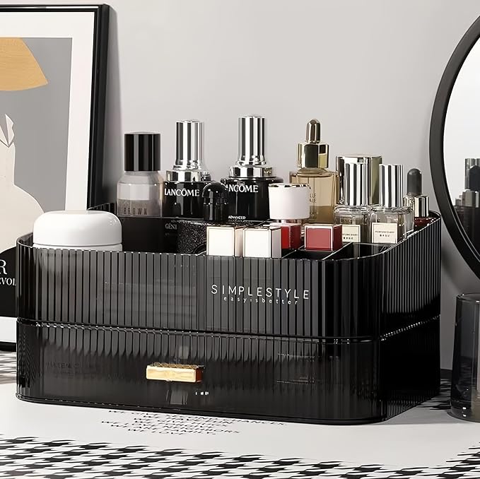 Makeup Organizer for Vanity, Large Desk Organizer with Stackable Drawer for Cosmetics, Skincare, Lipsticks, Palette, Nail Care, Ideal Storage for Dresser and Bathroom Countertop- Black