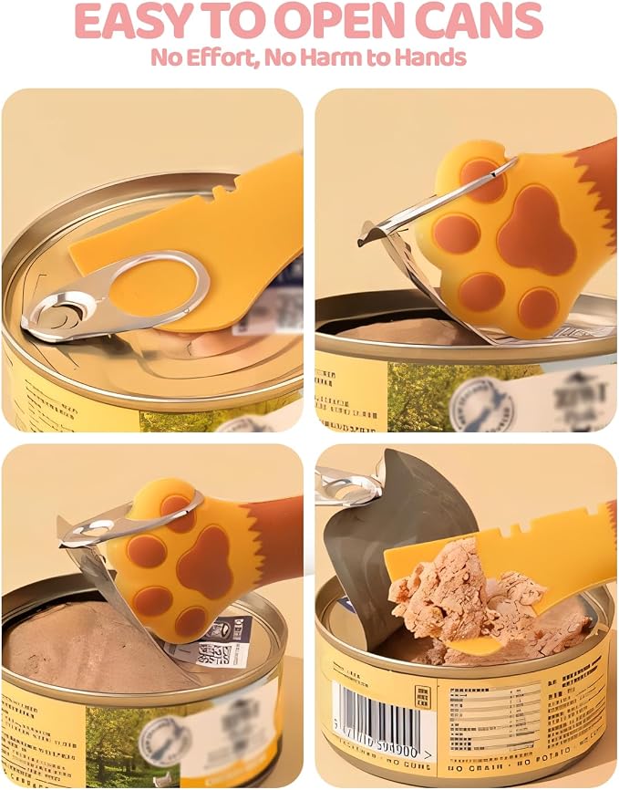 5 PCS Cat Food Can Covers Lids Set, Silicone Pet Food Can Lids with Multi-Function Cat Food Spoon and Opener, Cat Bar Squeezer, Stainless Steel Wet Food Spoon for Cats and Dogs (Pink) (Orange)