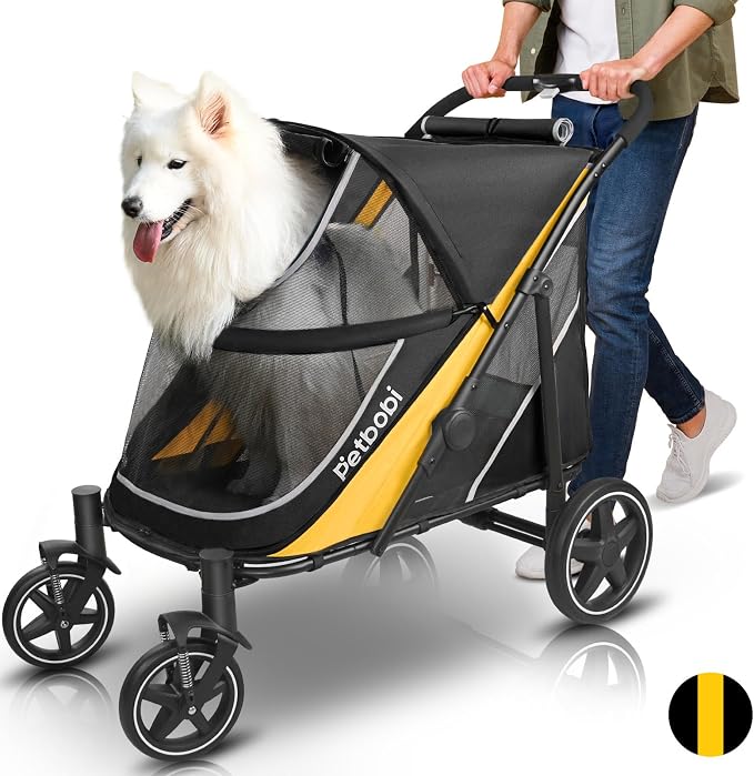 Petbobi Dog Stroller for Large Medium Dogs up to 80 lbs, Dual Entry | One-Hand Fold, One-Foot Brake, All Terrain 360 Swivel Front Wheel, Heavy Duty Air Mesh Wagon, Low Step-In for Senior Pets