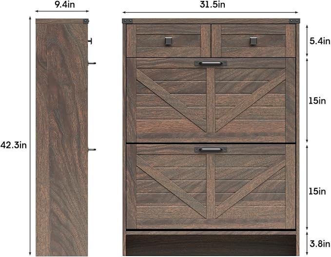 Halitaa Shoe Cabinet with 2 Flip Drawers & 2 Drawers,Farmhouse Shoe Storage Cabinet for Entryway,Slim Freestanding Narrow Organizer Rack for Front Door Entrance,Dark Walnut