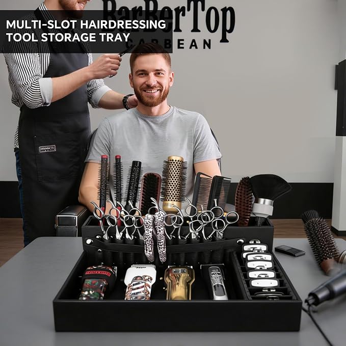 Barber Organizer Tray, 13.9 x 11.2 x 4.4 inch Adjustable Station for Clippers & Guards Scissors, Multifunctional Non-slip Barber&Salon Hair Tools Holder, with PU Leather Exterior Hairdressing Case