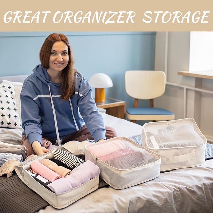 Silkfly 4 Pcs XL Packing Cube for Travel Luggage,Simple,Beige | 17.7 x 13 x 4.7, Same Size, Beige Suitcase Storage Organizer Set, Reusable Mesh Clothes Cube for Hiking Camp Family Accessory