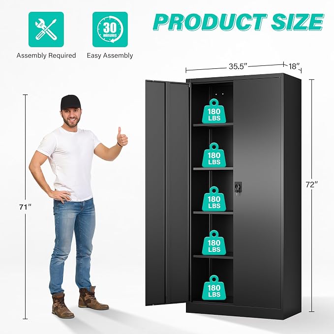 Wide & Deep Metal Storage Cabinet with Lock & 5 Shelves,72" Black Garage Storage Cabinet with Locking Doors,Lockable Cabinets for Home,Office,Garage,Shop,Basement 72x36x18