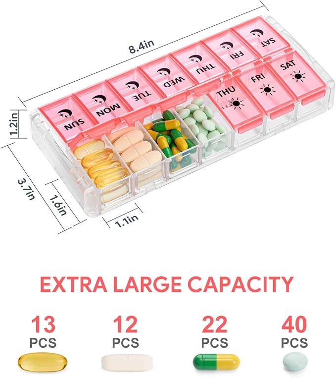 Weekly Pill Organizer 7 Day 2 Times a Day Extra Large, Quick Fill 2022 Fullicon AM PM XL Daily Pill Cases Pill Box with Detachable Base - Pink (Patent Registered) (Pack of 2)