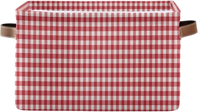 Kigai Red White Gingham Storage Basket with Handles Waterproof Collapsible Storage Bin Canvas Fabric Basket Decorative Box Closet Organizer for Nursery Bedroom Office