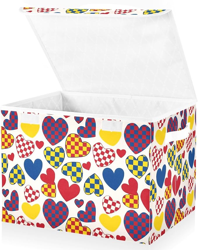 Color Heart Fabric Storage Bins with Lid Foldable Storage Boxes 40L Baskets | Decorative Storage Boxes, Dust-Proof Flip Top, Reinforced Handles, For Home & Bedroom, Clothes & Toy Box, Oxford Fabric Print
