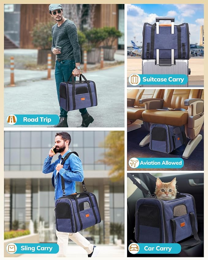 Morpilot Cat Carrier Soft for Large Medium Cats and Puppy up to 18lbs | with Dual-Sided Cushion, Secure Buckle and Foldable Bowl, Dog Carriers for Small Dogs - Pet Carrier (Dark Blue)