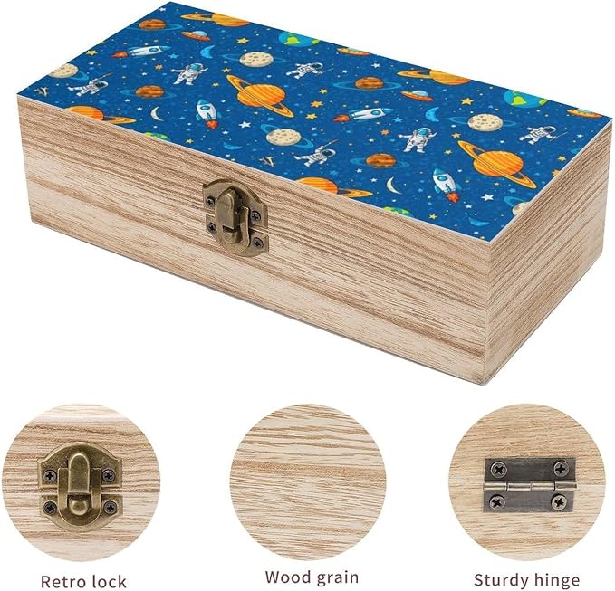 Wooden Keepsake Box for Letter Photo Gift Boxes with Hinged Lid, Space Cute | Astronaut Planets Blue Jewellery Organizer, Small Memory Storage Boxes, Holiday Party Favor Decor, 9.2x5.5x3.9 Inch