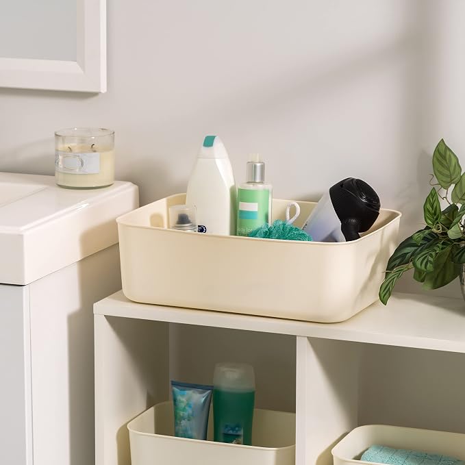 IRIS USA Storage Bins with Lids |Made in USA| Medium (4-Pack) - Off White | Modern Basket Container Boxes for Bedroom, Living Room, Kitchen, Bathroom & Closet Organization