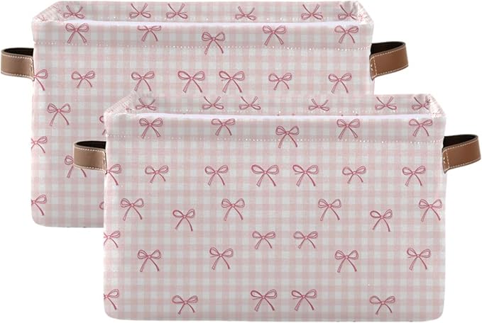 Wamika Pink Cherry Bow Storage Basket with Waterproof Liner and PU Handles Coquette Bowknot Storage Bins Boxes 14.2" Collapsible Decorative Organizer Baskets for Bedroom Closet Office 2 Pack