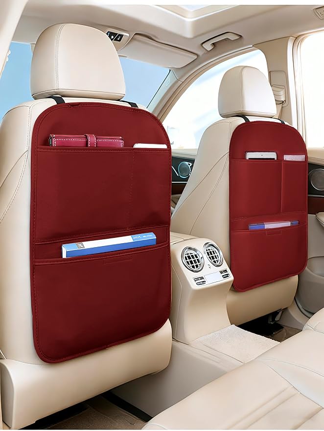 SUTSU Kick Mat Back Seat Protector， Waterproof Leather Car Seat Back Organizers Cover with 3 Storage Pockets for Kids Pets SUV Sedan Minivan Truck Car Travel Accessories (Wine Red 2-pack)