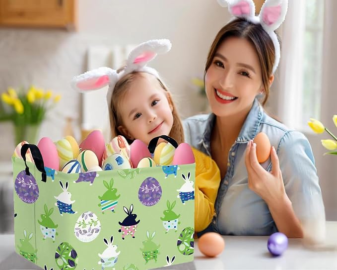 Large Rectangular Easter Baskets Empty Waterproof Boy Toy Box Foldable Kid's Gifts Storage Bin Spring Room Decor(Green Dancing Rabbit Egg)