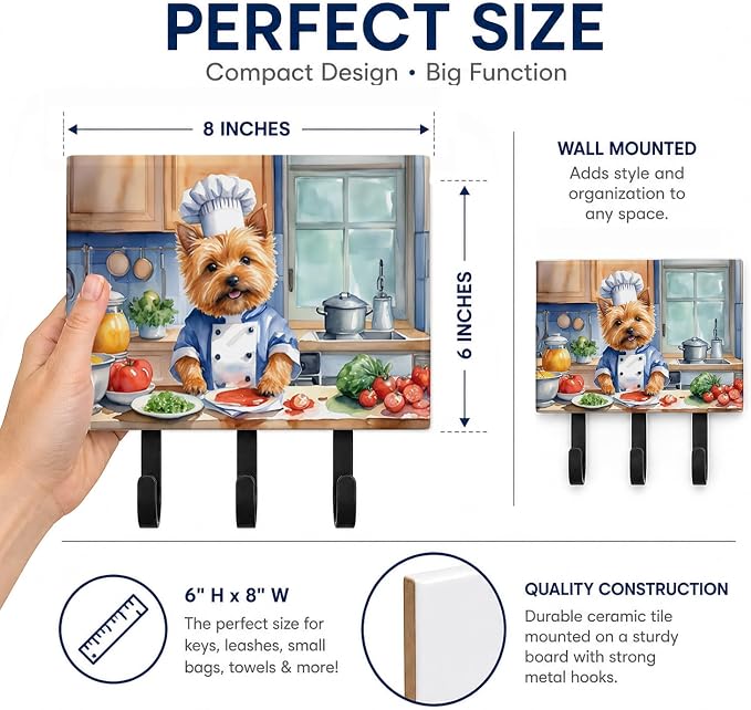 Caroline's Treasures Norwich Terrier The Chef Leash or Key Holder Wall Hooks, Key Hooks Holder, Coat Rack Wall Mount, Coat Hooks, Hooks for Hanging Keys, Towels, Aprons, Leashes | Norwich Terrier The Chef artwork on ceramic tile with three steel hooks ...