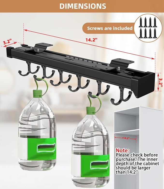 Pull Out Broom Holder With Adjustable Double Row Sliding Hook-Black 14.17in | High Load Capacity, Multifunctional Slide Broom And Mop Storage/Garage Organization Hooks, for Closet Laundry, kitchens