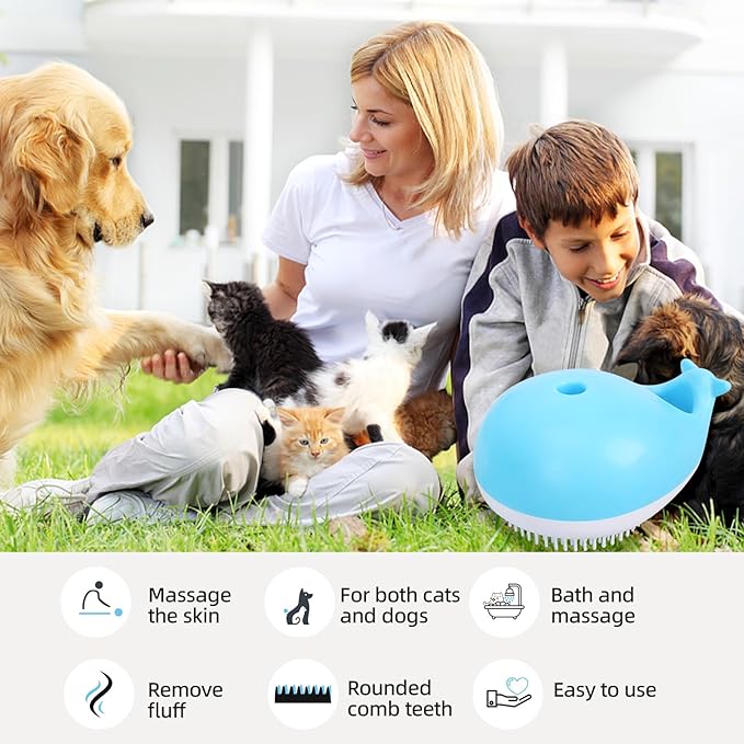 Blue Whale Dog Bath Brush with Shampoo Dispenser Dog Washing Brush Cat Deshedding Comb with Massage Pin Pet Grooming Bathing Tool for Dogs and Cats Remove Loose Hair Deep Cleansing