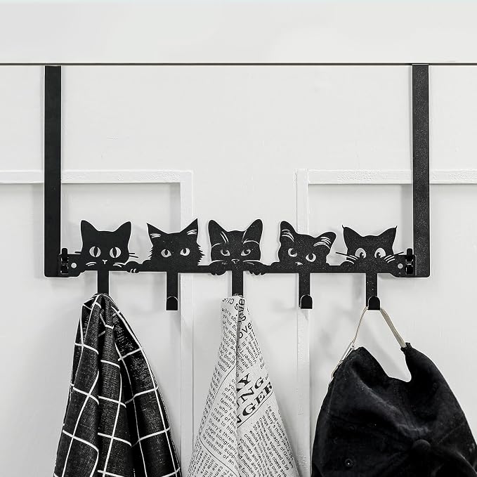 AceOrbit Black Cat Over The Door Hooks Hanger 5 Hooks Kawaii Decor | for Bedroom Bathroom, Organizes Towels Hats Clothes, Farmhouse Decor, Over the Door for Kids