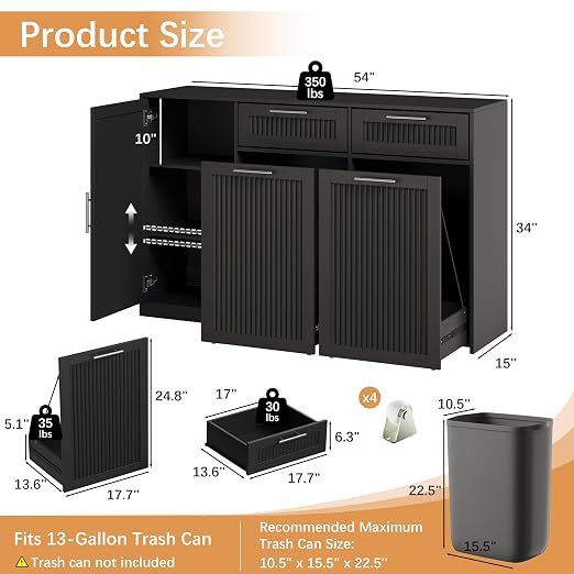 2 X 13 Gallons Double Pull Out Trash Can Cabinet with Storage, Black | 54"W Fluted Kitchen Trash Cabinet with Adjustable Shelf & Drawers, Hidden Pet Proof Trash Can Holder for Laundry Living Room